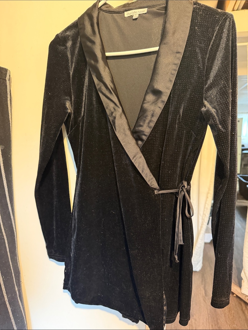 Charlotte Russe Black Velvet Wrap romper dress with Satin Trim
